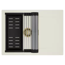 HD Onyx White 68-XL egymedencés mosogatótálca szett, acél csepegtetőráccsal és matt fekete kosárral, csepegtetőtálcával, tört fehér színben, szálcsiszolt arany leeresztő szifonnal