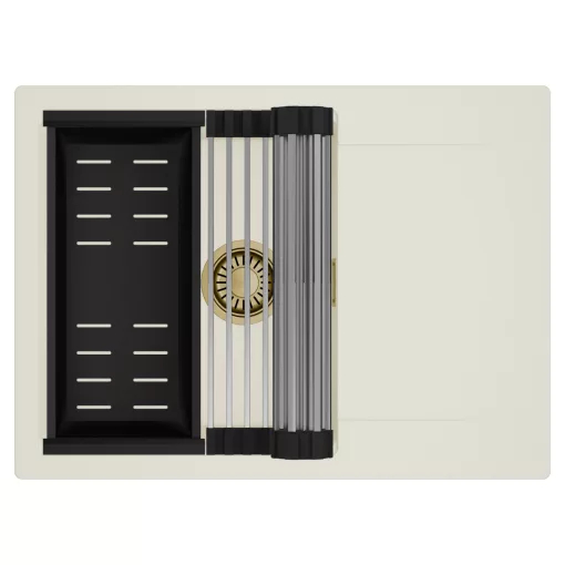 HD Onyx White 68-XL egymedencés mosogatótálca szett, acél csepegtetőráccsal és matt fekete kosárral, csepegtetőtálcával, tört fehér színben, szálcsiszolt arany leeresztő szifonnal