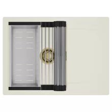 HD Onyx White 68-XL egymedencés mosogatótálca szett, acél csepegtetőráccsal és kosárral, csepegtetőtálcával, tört fehér színben, szálcsiszolt arany leeresztő szifonnal