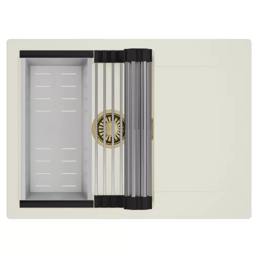 HD Onyx White 68-XL egymedencés mosogatótálca szett, acél csepegtetőráccsal és kosárral, csepegtetőtálcával, tört fehér színben, szálcsiszolt arany leeresztő szifonnal