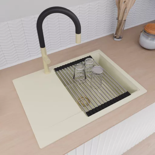 HD Onyx White 68-XL egymedencés mosogatótálca szett, acél csepegtetőráccsal és kosárral, csepegtetőtálcával, tört fehér színben, szálcsiszolt arany leeresztő szifonnal