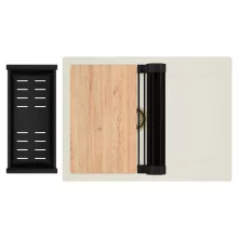 HD Onyx White 68-XL egymedencés gránit mosogatótálca szett, vágódeszkával, csepegtetőtálcával, vágódeszkával, matt fekete csepegtetőráccsal és kosárral, tört fehér színben, szálcsiszolt arany leeresztő szifonnal