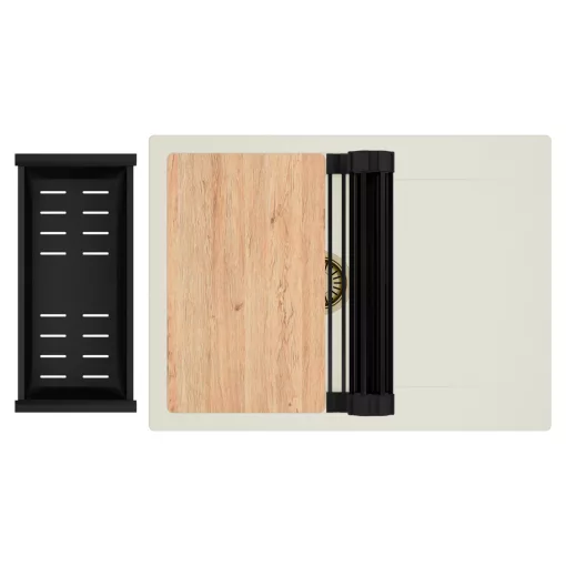 HD Onyx White 68-XL egymedencés gránit mosogatótálca szett, vágódeszkával, csepegtetőtálcával, vágódeszkával, matt fekete csepegtetőráccsal és kosárral, tört fehér színben, szálcsiszolt arany leeresztő szifonnal