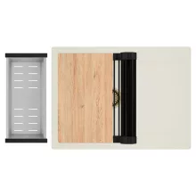 HD Onyx White 68-XL egymedencés gránit mosogatótálca szett, vágódeszkával, csepegtetőtálcával, vágódeszkával, matt fekete csepegtetőráccsal és krómozott kosárral, tört fehér színben, szálcsiszolt arany leeresztő szifonnal