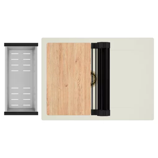 HD Onyx White 68-XL egymedencés gránit mosogatótálca szett, vágódeszkával, csepegtetőtálcával, vágódeszkával, matt fekete csepegtetőráccsal és krómozott kosárral, tört fehér színben, szálcsiszolt arany leeresztő szifonnal