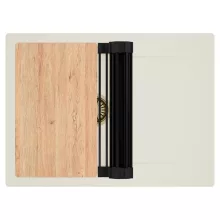 HD Onyx White 68-XL egymedencés gránit mosogatótálca szett, vágódeszkával, csepegtetőtálcával, vágódeszkával, matt fekete csepegtetőráccsal, tört fehér színben, szálcsiszolt arany leeresztő szifonnal