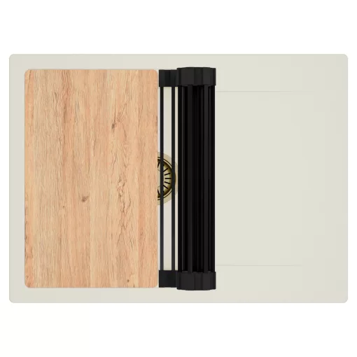 HD Onyx White 68-XL egymedencés gránit mosogatótálca szett, vágódeszkával, csepegtetőtálcával, vágódeszkával, matt fekete csepegtetőráccsal, tört fehér színben, szálcsiszolt arany leeresztő szifonnal