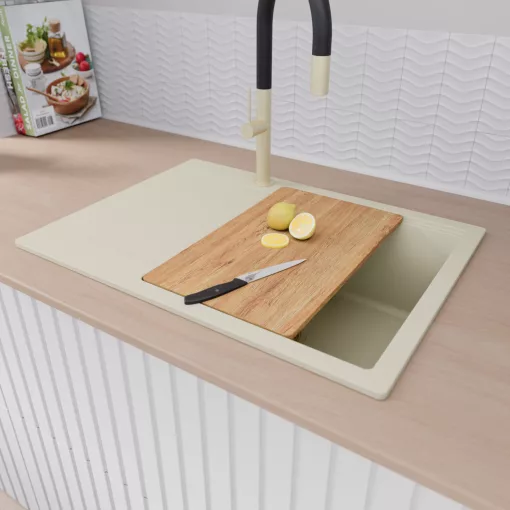 HD Onyx White 68-XL egymedencés gránit mosogatótálca szett, vágódeszkával, csepegtetőtálcával, vágódeszkával, matt fekete csepegtetőráccsal, tört fehér színben, szálcsiszolt arany leeresztő szifonnal