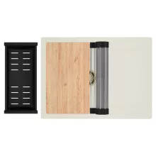 HD Onyx White 68-XL egymedencés gránit mosogatótálca szett, vágódeszkával, csepegtetőtálcával, vágódeszkával, acél csepegtetőráccsal és matt fekete kosárral, tört fehér színben, szálcsiszolt arany leeresztő szifonnal