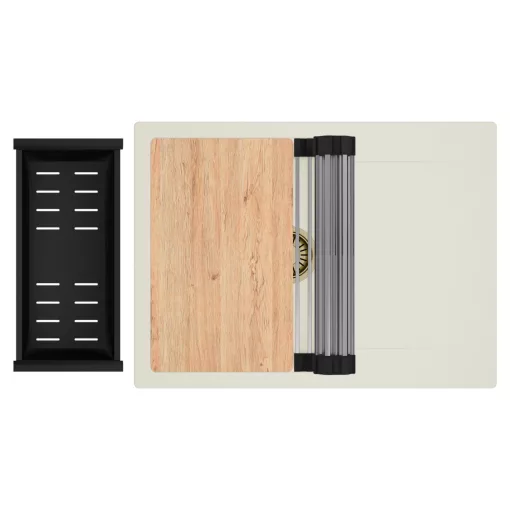 HD Onyx White 68-XL egymedencés gránit mosogatótálca szett, vágódeszkával, csepegtetőtálcával, vágódeszkával, acél csepegtetőráccsal és matt fekete kosárral, tört fehér színben, szálcsiszolt arany leeresztő szifonnal