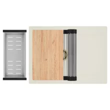 HD Onyx White 68-XL egymedencés gránit mosogatótálca szett, vágódeszkával, csepegtetőtálcával, vágódeszkával, acél csepegtetőráccsal és kosárral, tört fehér színben, szálcsiszolt arany leeresztő szifonnal