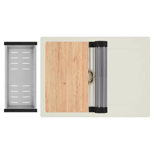 HD Onyx White 68-XL egymedencés gránit mosogatótálca szett, vágódeszkával, csepegtetőtálcával, vágódeszkával, acél csepegtetőráccsal és kosárral, tört fehér színben, szálcsiszolt arany leeresztő szifonnal