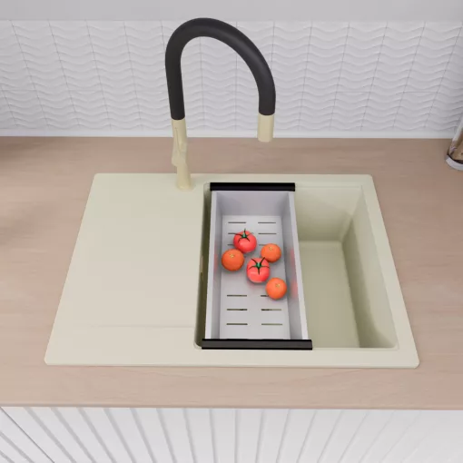 HD Onyx White 68-XL egymedencés gránit mosogatótálca szett, vágódeszkával, csepegtetőtálcával, vágódeszkával, acél csepegtetőráccsal és kosárral, tört fehér színben, szálcsiszolt arany leeresztő szifonnal