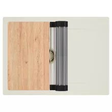 HD Onyx White 68-XL egymedencés gránit mosogatótálca szett, vágódeszkával, csepegtetőtálcával, vágódeszkával, acél csepegtetőráccsal, tört fehér színben, szálcsiszolt arany leeresztő szifonnal