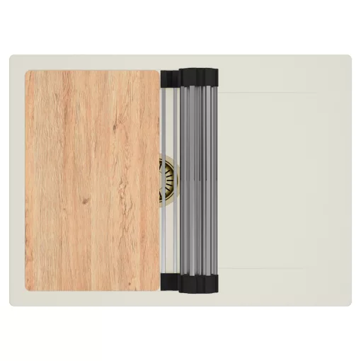 HD Onyx White 68-XL egymedencés gránit mosogatótálca szett, vágódeszkával, csepegtetőtálcával, vágódeszkával, acél csepegtetőráccsal, tört fehér színben, szálcsiszolt arany leeresztő szifonnal