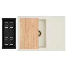 HD Onyx White 68-XL egymedencés gránit mosogatótálca szett, vágódeszkával, csepegtetőtálcával, vágódeszkával, matt fekete csepegtetőkosárral, tört fehér színben, szálcsiszolt arany leeresztő szifonnal