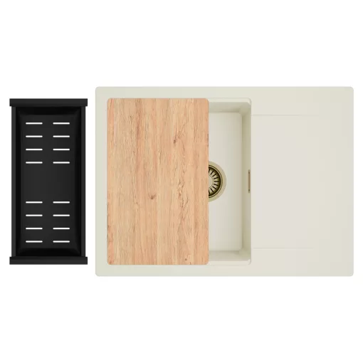 HD Onyx White 68-XL egymedencés gránit mosogatótálca szett, vágódeszkával, csepegtetőtálcával, vágódeszkával, matt fekete csepegtetőkosárral, tört fehér színben, szálcsiszolt arany leeresztő szifonnal