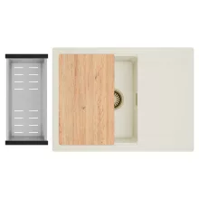 HD Onyx White 68-XL egymedencés gránit mosogatótálca szett, vágódeszkával, csepegtetőtálcával, vágódeszkával, acél csepegtetőkosárral, tört fehér színben, szálcsiszolt arany leeresztő szifonnal