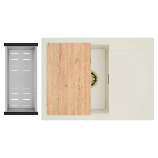 HD Onyx White 68-XL egymedencés gránit mosogatótálca szett, vágódeszkával, csepegtetőtálcával, vágódeszkával, acél csepegtetőkosárral, tört fehér színben, szálcsiszolt arany leeresztő szifonnal