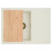 HD Onyx White 68-XL egymedencés gránit mosogatótálca, vágódeszkával, vágódeszkával, tört fehér színben, szálcsiszolt arany leeresztő szifonnal