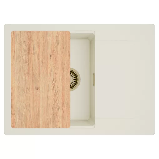 HD Onyx White 68-XL egymedencés gránit mosogatótálca, vágódeszkával, vágódeszkával, tört fehér színben, szálcsiszolt arany leeresztő szifonnal