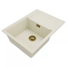 HD Onyx White 68-XL egymedencés gránit mosogatótálca, vágódeszkával, vágódeszkával, tört fehér színben, szálcsiszolt arany leeresztő szifonnal