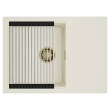 HD Onyx White 68-XL egymedencés mosogatótálca szett, acél csepegtetőráccsal, csepegtetőtálcával, tört fehér színben, szálcsiszolt arany leeresztő szifonnal