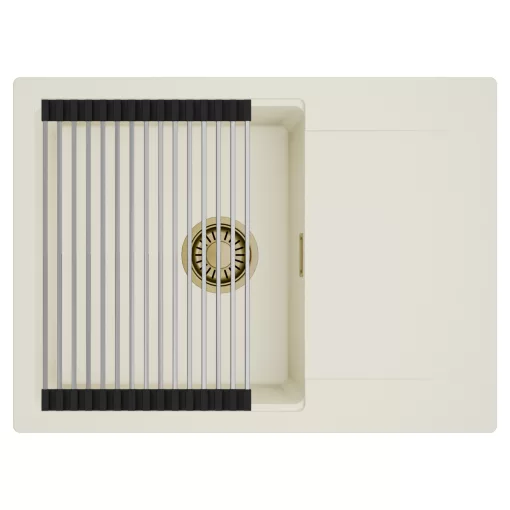 HD Onyx White 68-XL egymedencés mosogatótálca szett, acél csepegtetőráccsal, csepegtetőtálcával, tört fehér színben, szálcsiszolt arany leeresztő szifonnal