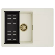 HD Onyx White 68-XL egymedencés mosogatótálca szett, matt fekete csepegtetőkosárral, csepegtetőtálcával, tört fehér színben, szálcsiszolt arany leeresztő szifonnal