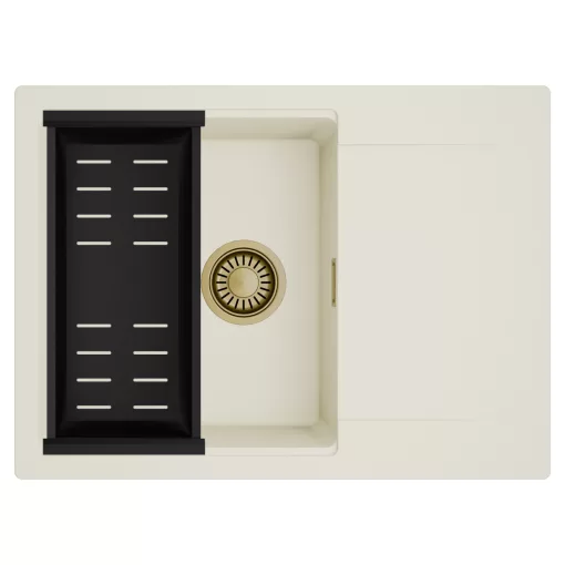 HD Onyx White 68-XL egymedencés mosogatótálca szett, matt fekete csepegtetőkosárral, csepegtetőtálcával, tört fehér színben, szálcsiszolt arany leeresztő szifonnal