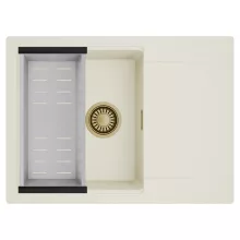 HD Onyx White 68-XL egymedencés mosogatótálca szett, acél csepegtetőkosárral, csepegtetőtálcával, tört fehér színben, szálcsiszolt arany leeresztő szifonnal