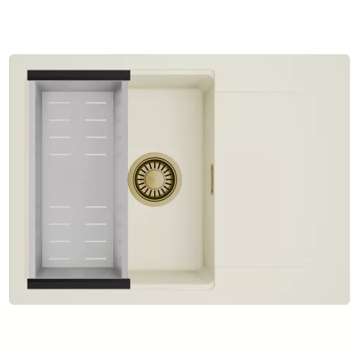HD Onyx White 68-XL egymedencés mosogatótálca szett, acél csepegtetőkosárral, csepegtetőtálcával, tört fehér színben, szálcsiszolt arany leeresztő szifonnal