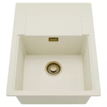 HD Onyx White 68-XL egymedencés mosogatótálca, csepegtetőtálcával, tört fehér színben, szálcsiszolt arany leeresztő szifonnal