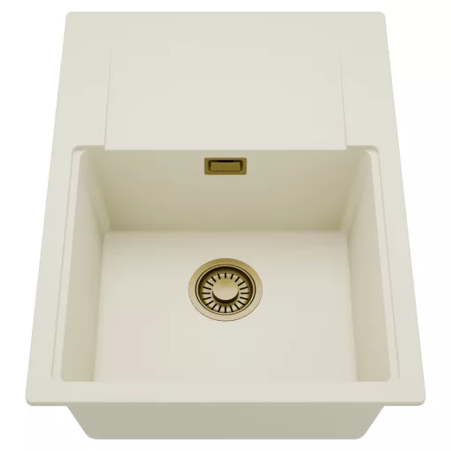 HD Onyx White 68-XL egymedencés mosogatótálca, csepegtetőtálcával, tört fehér színben, szálcsiszolt arany leeresztő szifonnal