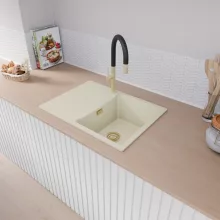 HD Onyx White 68-XL egymedencés mosogatótálca, csepegtetőtálcával, tört fehér színben, szálcsiszolt arany leeresztő szifonnal