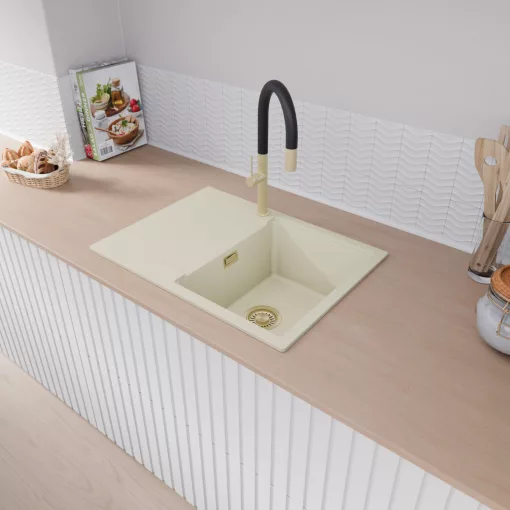 HD Onyx White 68-XL egymedencés mosogatótálca, csepegtetőtálcával, tört fehér színben, szálcsiszolt arany leeresztő szifonnal