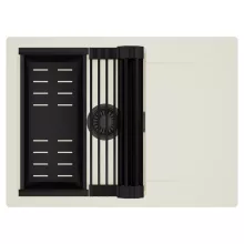 HD Onyx White 68-XL egymedencés mosogatótálca szett, matt fekete csepegtetőráccsal és kosárral, csepegtetőtálcával, tört fehér színben, matt fekete leeresztő szifonnal