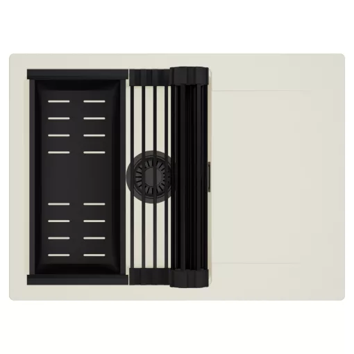 HD Onyx White 68-XL egymedencés mosogatótálca szett, matt fekete csepegtetőráccsal és kosárral, csepegtetőtálcával, tört fehér színben, matt fekete leeresztő szifonnal