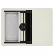 HD Onyx White 68-XL egymedencés mosogatótálca szett, matt fekete csepegtetőráccsal és krómozott kosárral, csepegtetőtálcával, tört fehér színben, matt fekete leeresztő szifonnal