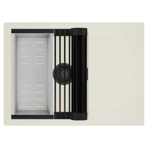 HD Onyx White 68-XL egymedencés mosogatótálca szett, matt fekete csepegtetőráccsal és krómozott kosárral, csepegtetőtálcával, tört fehér színben, matt fekete leeresztő szifonnal