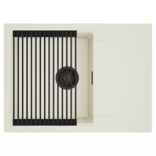 HD Onyx White 68-XL egymedencés mosogatótálca szett, matt fekete csepegtetőráccsal, csepegtetőtálcával, tört fehér színben, matt fekete leeresztő szifonnal