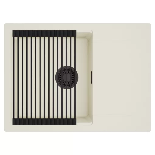 HD Onyx White 68-XL egymedencés mosogatótálca szett, matt fekete csepegtetőráccsal, csepegtetőtálcával, tört fehér színben, matt fekete leeresztő szifonnal