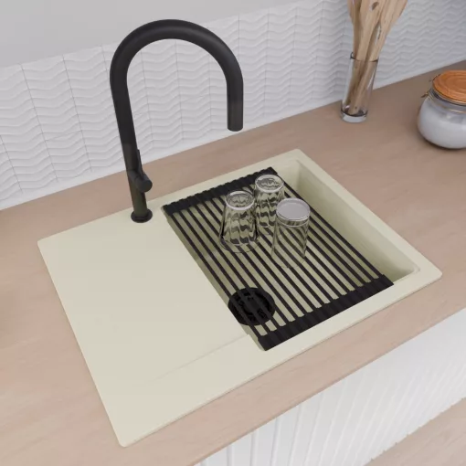 HD Onyx White 68-XL egymedencés mosogatótálca szett, matt fekete csepegtetőráccsal, csepegtetőtálcával, tört fehér színben, matt fekete leeresztő szifonnal