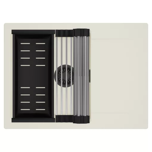 HD Onyx White 68-XL egymedencés mosogatótálca szett, acél csepegtetőráccsal és matt fekete kosárral, csepegtetőtálcával, tört fehér színben, matt fekete leeresztő szifonnal