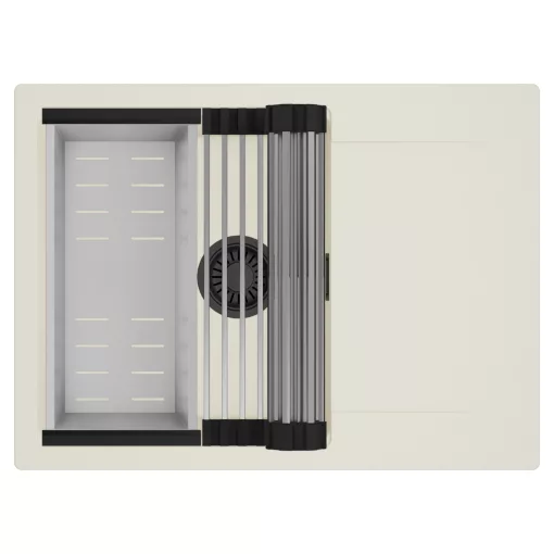 HD Onyx White 68-XL egymedencés mosogatótálca szett, acél csepegtetőráccsal és kosárral, csepegtetőtálcával, tört fehér színben, matt fekete leeresztő szifonnal