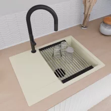 HD Onyx White 68-XL egymedencés mosogatótálca szett, acél csepegtetőráccsal és kosárral, csepegtetőtálcával, tört fehér színben, matt fekete leeresztő szifonnal