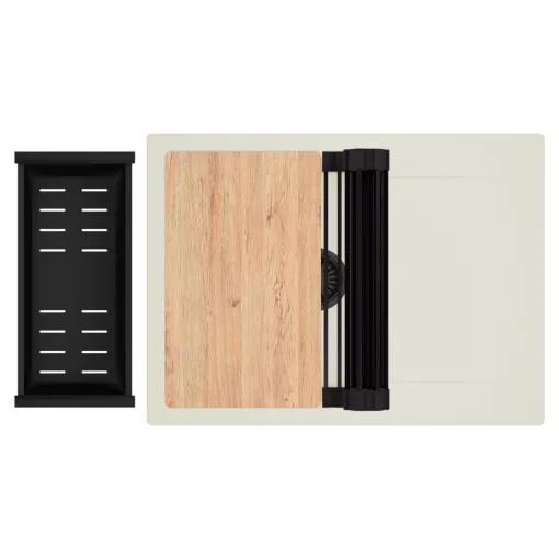 HD Onyx White 68-XL egymedencés gránit mosogatótálca szett, vágódeszkával, csepegtetőtálcával, vágódeszkával, matt fekete csepegtetőráccsal és kosárral, tört fehér színben, matt fekete leeresztő szifonnal