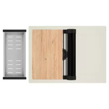 HD Onyx White 68-XL egymedencés gránit mosogatótálca szett, vágódeszkával, csepegtetőtálcával, vágódeszkával, matt fekete csepegtetőráccsal és krómozott kosárral, tört fehér színben, matt fekete leeresztő szifonnal