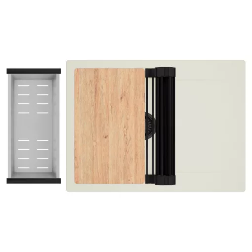 HD Onyx White 68-XL egymedencés gránit mosogatótálca szett, vágódeszkával, csepegtetőtálcával, vágódeszkával, matt fekete csepegtetőráccsal és krómozott kosárral, tört fehér színben, matt fekete leeresztő szifonnal