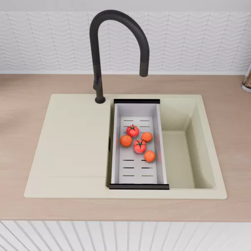 HD Onyx White 68-XL egymedencés gránit mosogatótálca szett, vágódeszkával, csepegtetőtálcával, vágódeszkával, matt fekete csepegtetőráccsal és krómozott kosárral, tört fehér színben, matt fekete leeresztő szifonnal